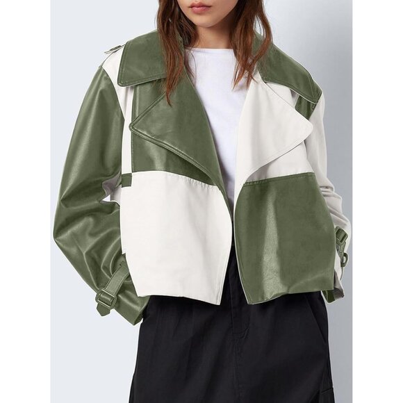 Womens Faux Leather Bomber Jacket with Bow Green Stylish Fall Outerwear Coat - Picture 3 of 6
